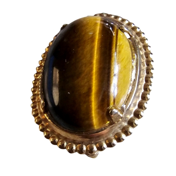 Gold and Brown Tiger's Eye Brooch with Beaded Border - Picture 1 of 6
